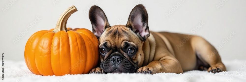 Obraz premium Adorable French bulldog snuggled up next to a carved pumpkin on a white surface, whitebackground, cozyinterior, autumnvibes