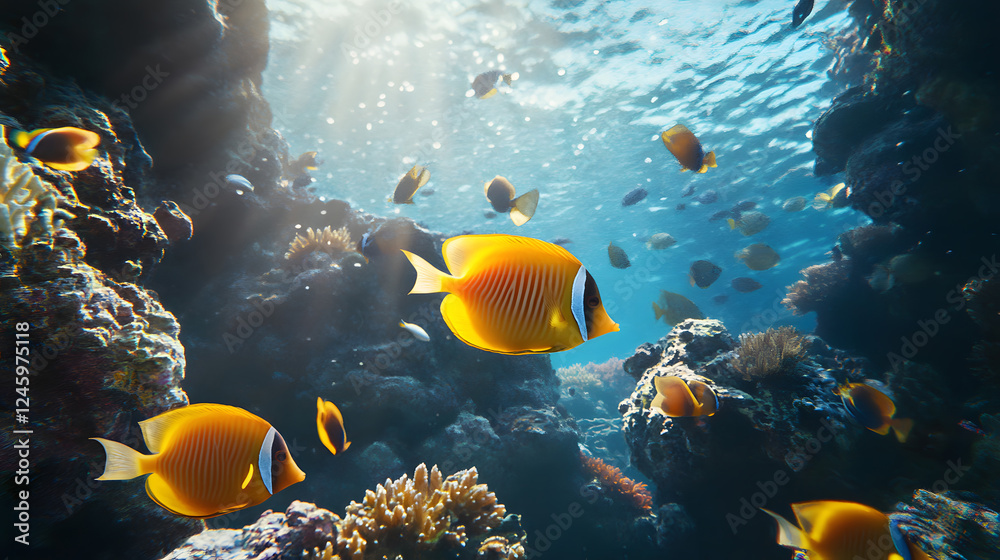 Fototapeta premium Underwater Tropical Corals Reef with colorful sea fish. Marine life sea world. Tropical colourful underwater seascape.