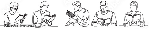 continuous line set of man reading book