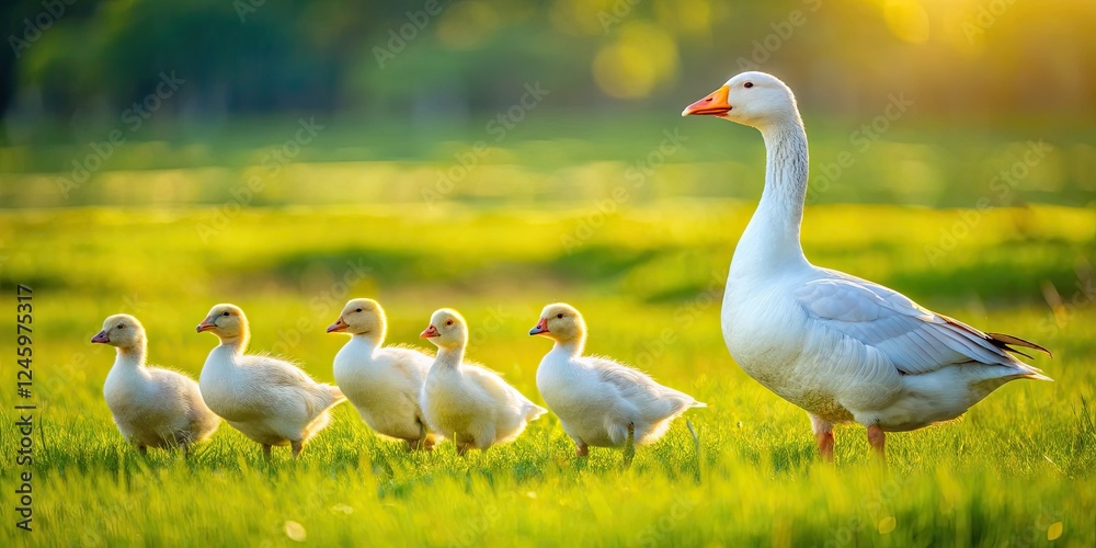 Obraz premium White geese and goslings graze peacefully in a vibrant green meadow.