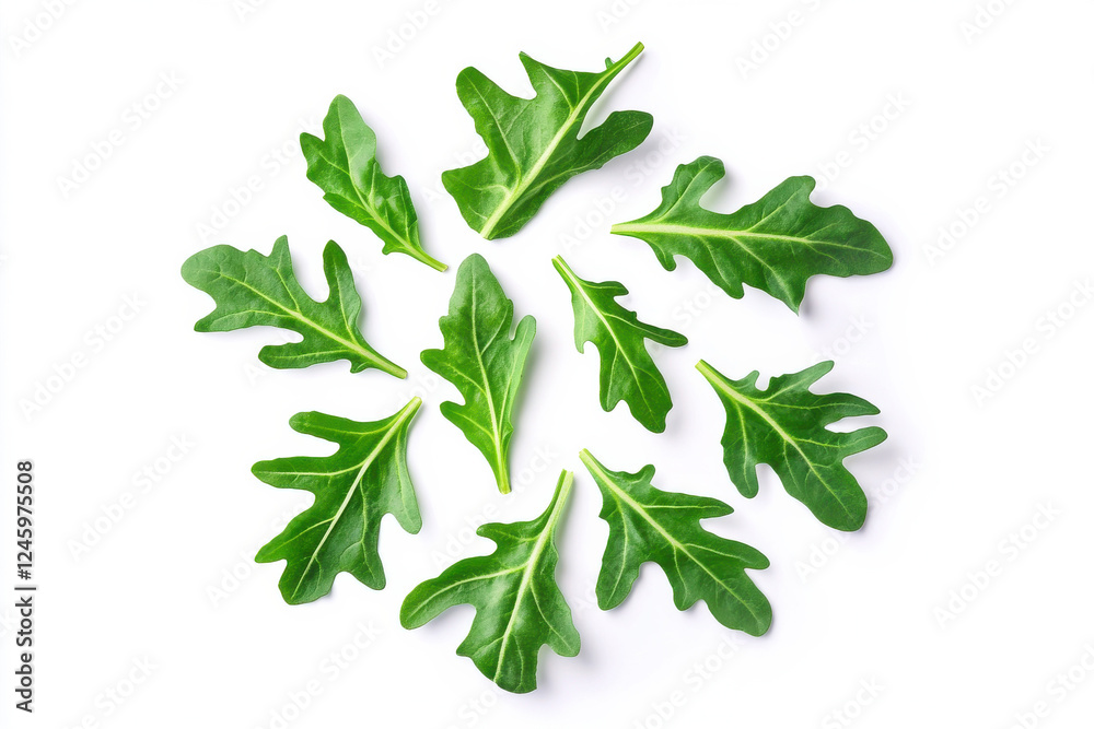Fresh arugula leaves arranged in a circular pattern on a white background. isolated on white background. Fresh arugula leaves arranged in a circular pattern on a white background. isolated on white background.