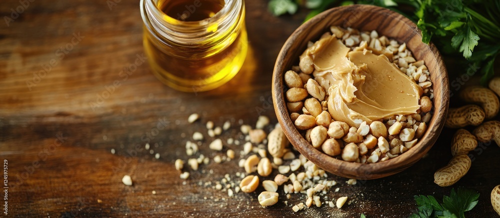 Fototapeta premium Peanuts in a wooden bowl with peanut butter and oil showcasing healthy snacks and nutrition concepts on a rustic wooden background