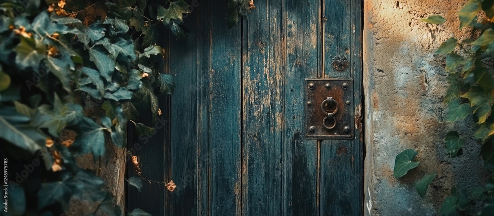 Weathered rustic door surrounded by greenery showcasing rich textures and vibrant colors inviting exploration and mystery. Weathered rustic door surrounded by greenery showcasing rich textures and vibrant colors inviting exploration and mystery.