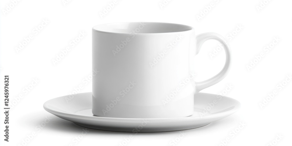 Empty white coffee mug and saucer on clean background with ample space for text or design, ideal for breakfast or beverage-themed content. Empty white coffee mug and saucer on clean background with ample space for text or design, ideal for breakfast or beverage-themed content.