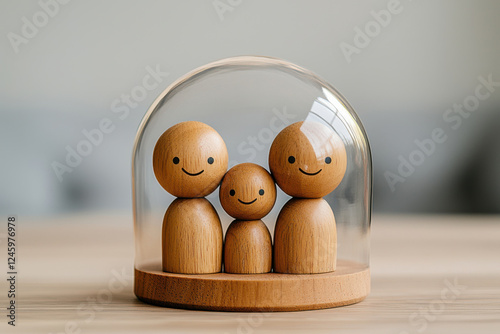 Wooden figures of a happy family under a glass dome, symbolizing togetherness.