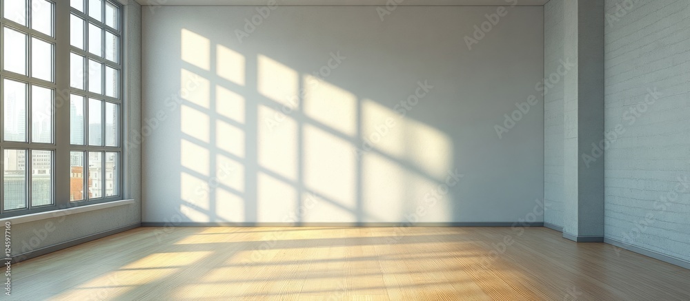 Fototapeta premium Bright and airy empty room interior with natural light and wooden flooring ideal for showcasing design concepts and text space.