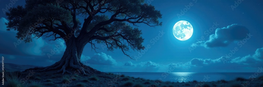 Fototapeta premium Ancient tree branches stretch towards moonlit sky, tree, moonlight