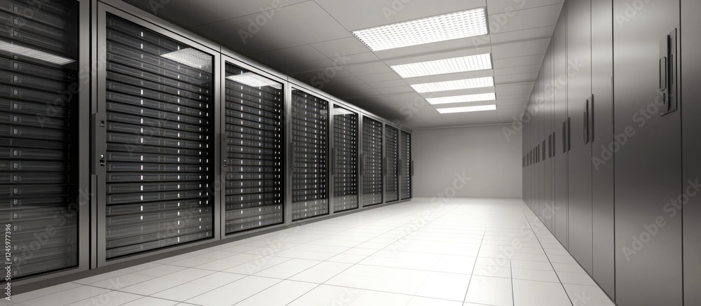 Obraz premium Close up of a modern server room featuring rows of racks and ample space for text integration in a sleek, high-tech environment