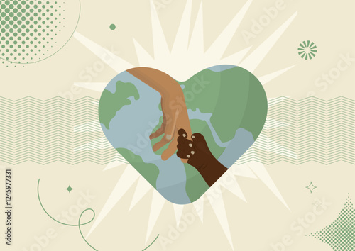 Global Unity Heart with Diverse Hands Together. Global unity and connection. Earth day or environment day concept. Charity and humanitarian aid. Flat style. Vector illustration