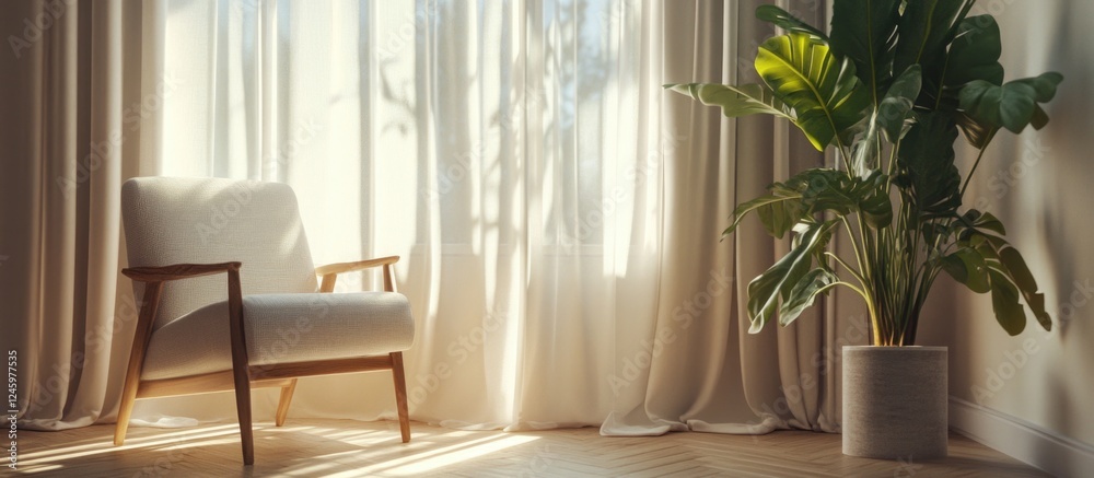 Fototapeta premium Elegant interior with soft curtains and a cozy chair by the window surrounded by natural light and greenery for a serene atmosphere.
