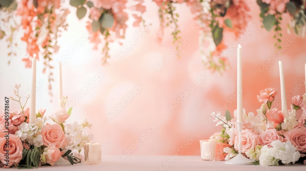 Peach Floral Wedding Decoration Banner with Empty Space for Custom Text and Elegant Centerpieces Peach Floral Wedding Decoration Banner with Empty Space for Custom Text and Elegant Centerpieces
