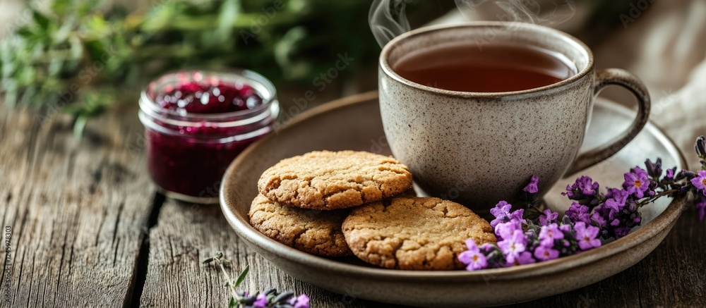 Herbal tea and homemade cookies with jam on a rustic wooden table for a cozy morning breakfast experience Herbal tea and homemade cookies with jam on a rustic wooden table for a cozy morning breakfast experience