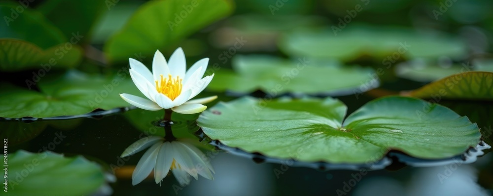 Aquatic plant with white blooms on pond surface, aquatic plant, Nymphaea candida Aquatic plant with white blooms on pond surface, aquatic plant, Nymphaea candida