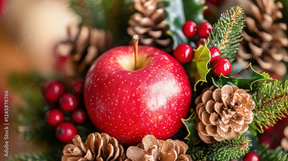 Red Apple Surrounded by Pine Cones and Holiday Berries Decoration Red Apple Surrounded by Pine Cones and Holiday Berries Decoration