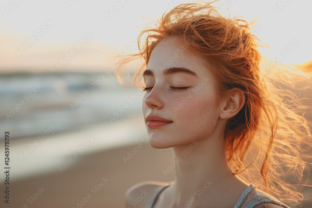 Woman with red hair wearing a blue dress standing outdoors in a natural setting looking confidently at the camera with a serene expression on her face Woman with red hair wearing a blue dress standing outdoors in a natural setting looking confidently at the camera with a serene expression on her face