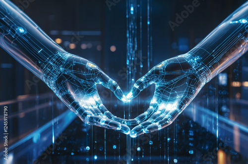 Digital Hands of technology join together in a digital display showcasing futuristic connection and innovation