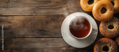 Cup of steaming tea with bagels arranged on a rustic wooden table top view showcasing a cozy breakfast ambiance photo