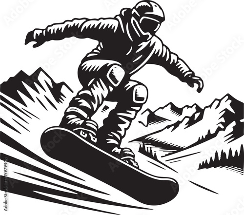 Snowboarder Vector Illustration: Black and White Outline Design