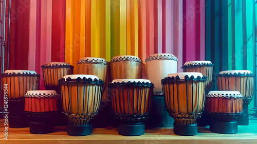 Vibrant collection of African djembe drums arranged against a colorful striped backdrop.  Perfect for music, culture, or travel themes. Ideal for websites, brochures, or social media. photo