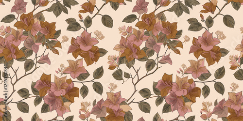 a repeating pattern of stylized floral arrangements featuring pink, orange, and purple flowers with green leaves, set against a light cream background.