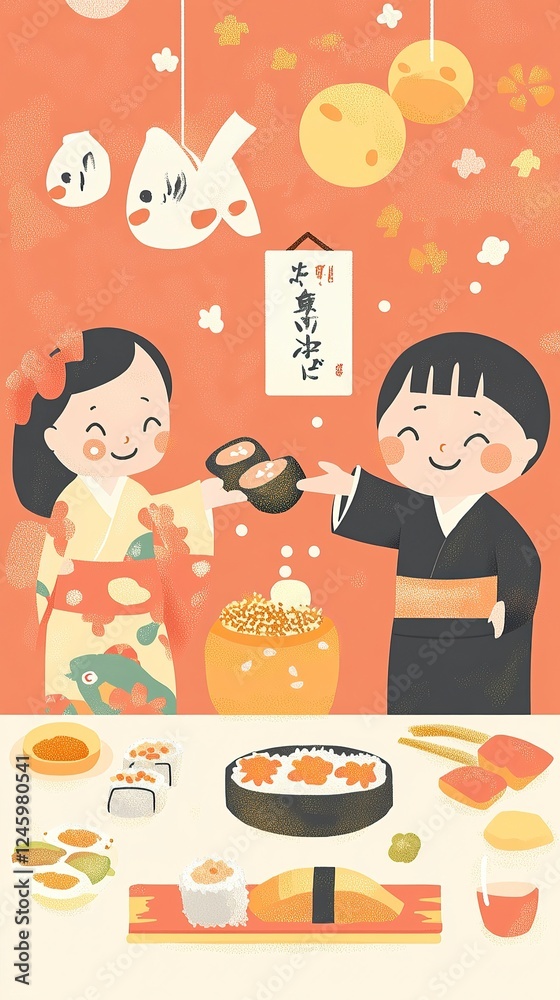 Playful Icon Set Depicting Setsubun Steps Soybean Throwing, Ehomaki, and Family Fun Playful Icon Set Depicting Setsubun Steps Soybean Throwing, Ehomaki, and Family Fun