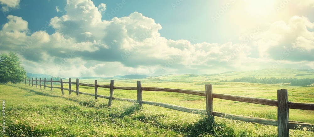 Lush green field under a bright sky with fluffy clouds and a rustic wooden fence in the foreground, evoking tranquility and nature's beauty. Lush green field under a bright sky with fluffy clouds and a rustic wooden fence in the foreground, evoking tranquility and nature's beauty.