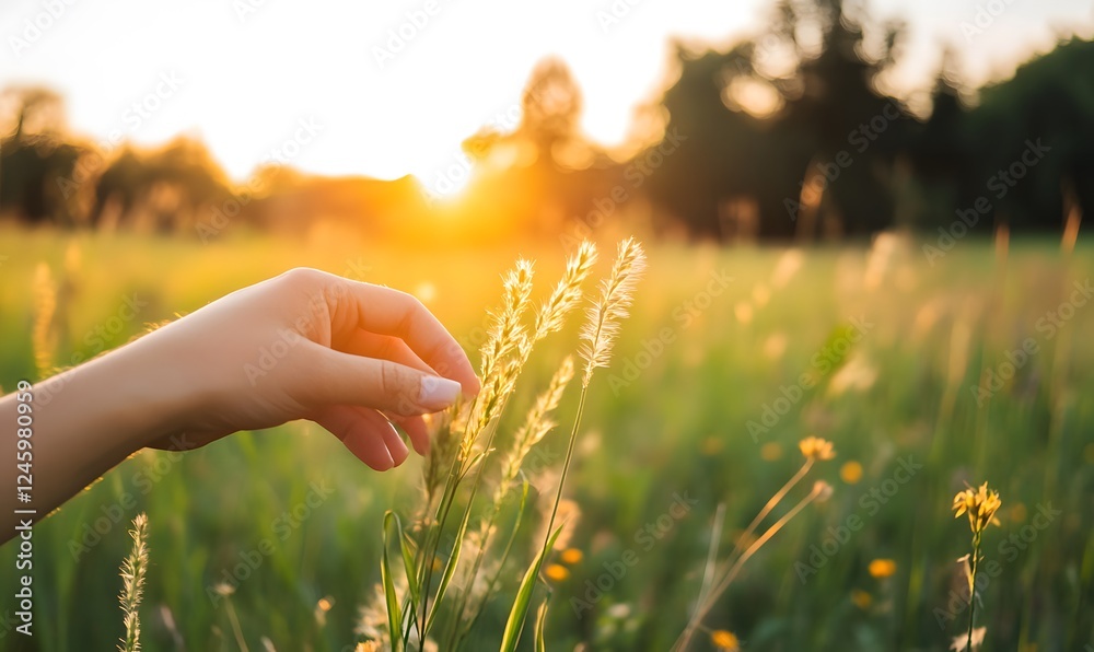 A hand brushing across tall grass in slow motion, Generative AI A hand brushing across tall grass in slow motion, Generative AI