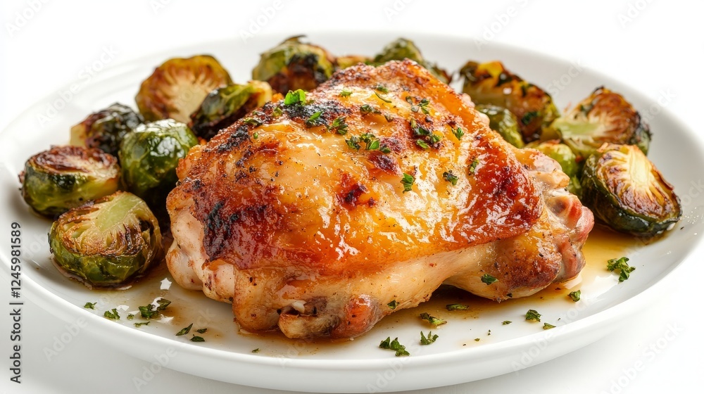 Roasted Chicken Thigh with Brussels Sprouts on a White Plate - Culinary Presentation for Recipe Inspiration Roasted Chicken Thigh with Brussels Sprouts on a White Plate - Culinary Presentation for Recipe Inspiration