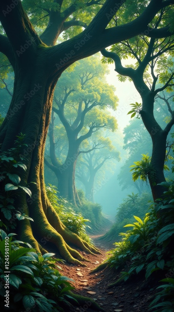 Mystical Forest Path Sunlight Illuminates a Serene Jungle Trail Winding Through Ancient Trees with Lush Undergrowth Mystical Forest Path Sunlight Illuminates a Serene Jungle Trail Winding Through Ancient Trees with Lush Undergrowth