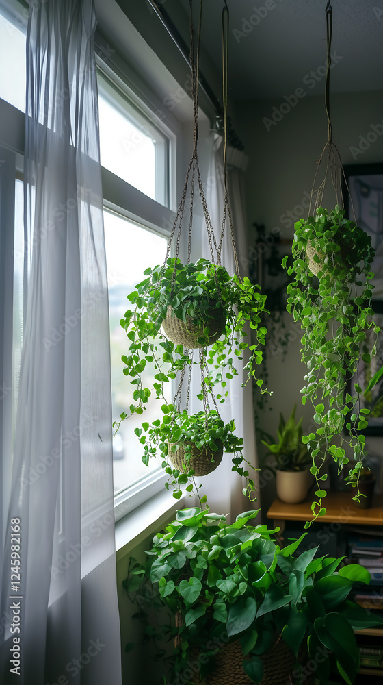Fototapeta premium A serene indoor setting featuring lush hanging plants by a window, creating a refreshing atmosphere. The greenery brings nature indoors, enhancing the space with vibrant life.