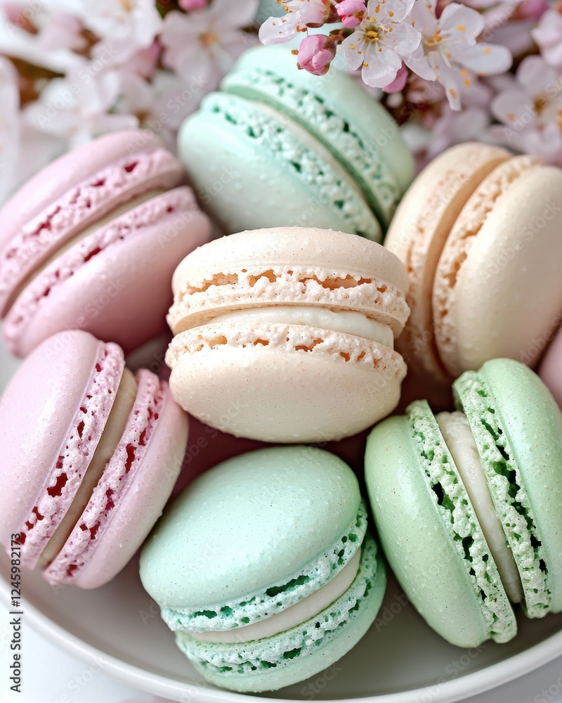 Colorful macarons with cherry blossoms Colorful macarons with cherry blossoms
