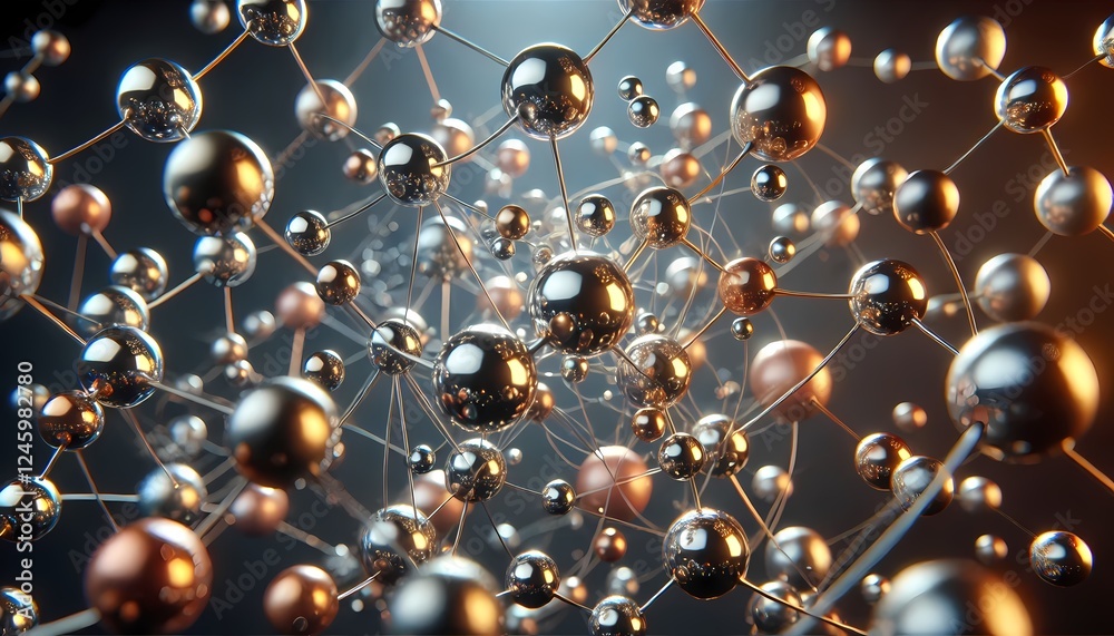 Obraz premium Floating metallic spheres connected by luminous threads, forming an abstract molecular structure