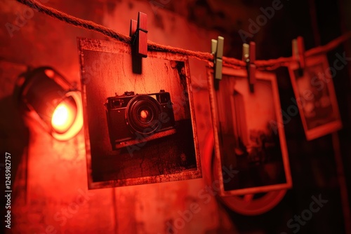 Red Light Photography Prints Drying on a Line