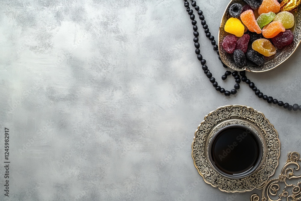 Fototapeta premium Festive sweets, tea, prayer beads on grey stone