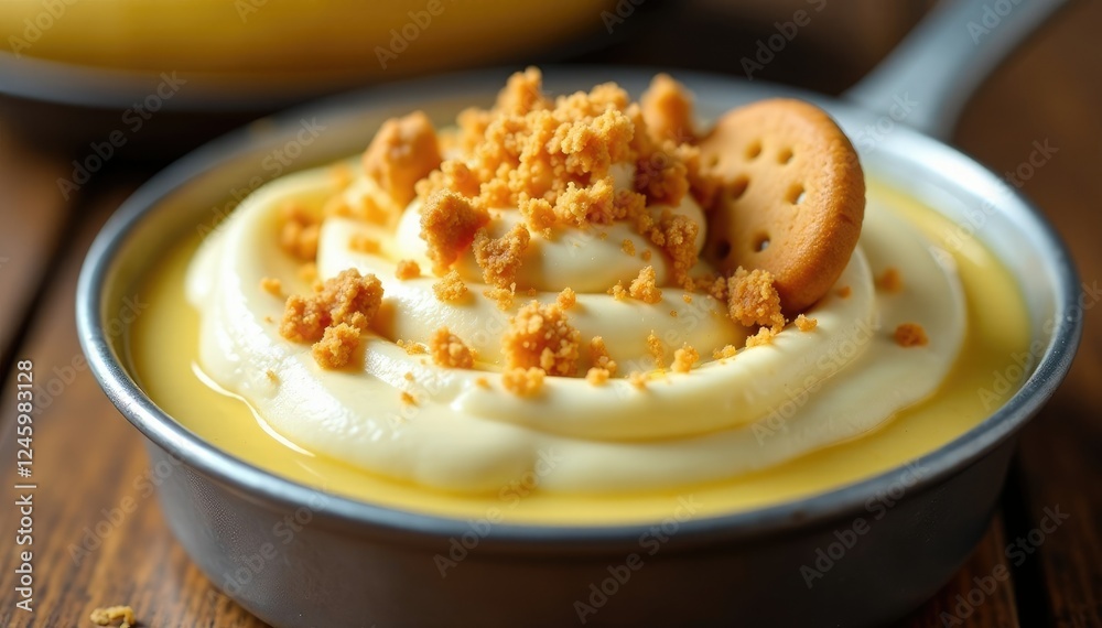 Banana cream pudding in a shallow metal baking dish garnished with crushed cookies, crushed, baked goods Banana cream pudding in a shallow metal baking dish garnished with crushed cookies, crushed, baked goods