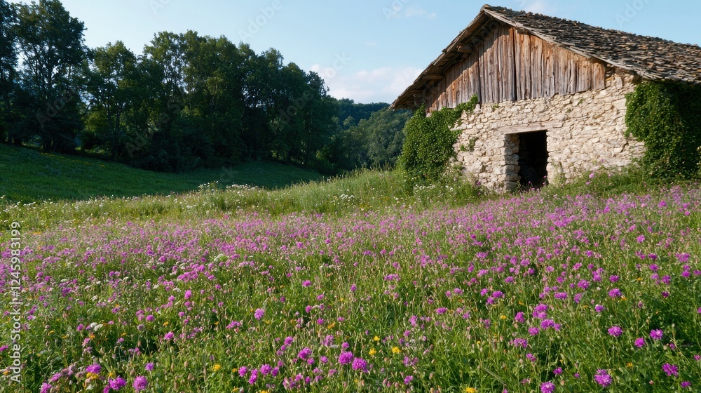 Rustic barn surrounded by a field of wildflowers. Rustic barn surrounded by a field of wildflowers.