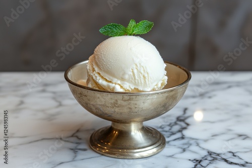 A scoop of vanilla ice cream in a silver bowl topped with mint.