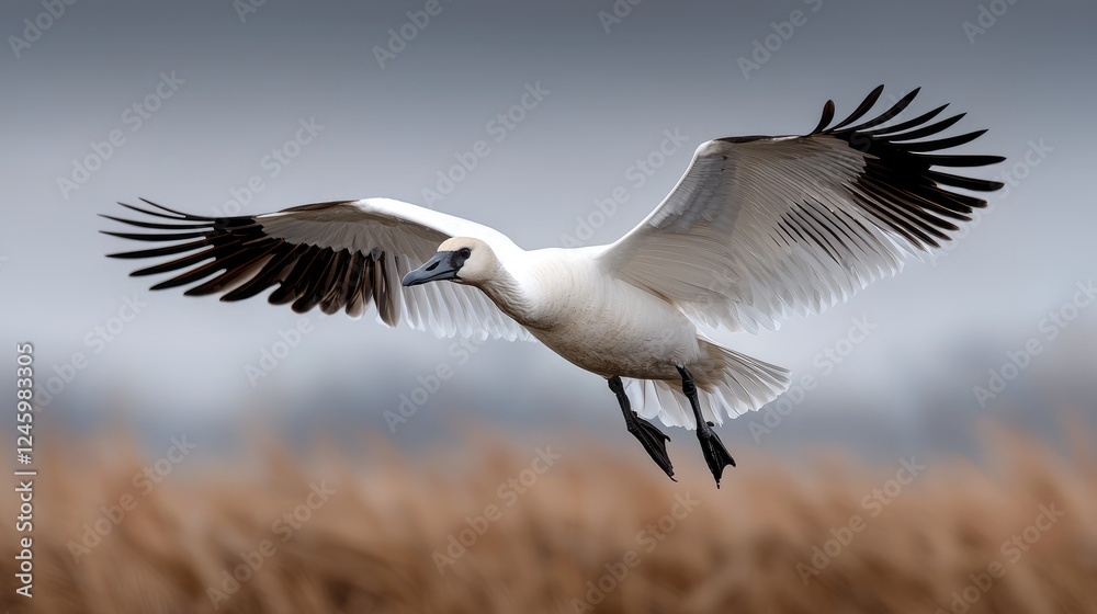 White crane in flight over reeds, autumn landscape, wildlife photography White crane in flight over reeds, autumn landscape, wildlife photography