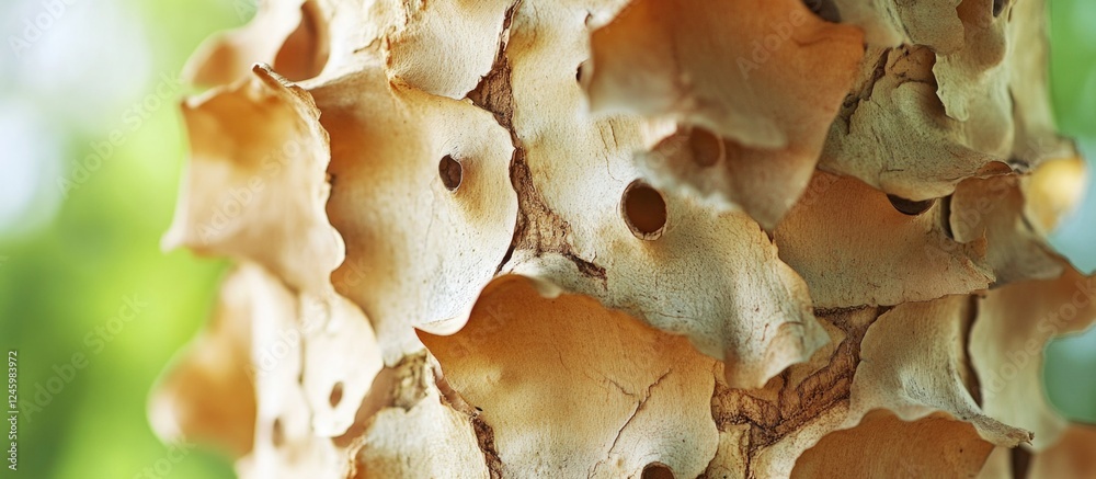 Wooden tree bark texture featuring natural holes and unique patterns perfect for nature backgrounds and organic design elements. Wooden tree bark texture featuring natural holes and unique patterns perfect for nature backgrounds and organic design elements.