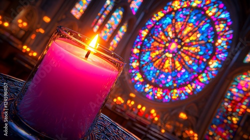 Pink candlelight illuminates church; stained glass rose window background