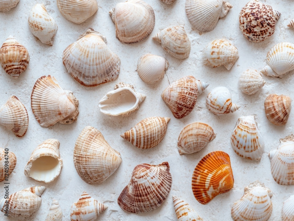 Seashells pattern, multiple sizes and colours on textured light background Seashells pattern, multiple sizes and colours on textured light background