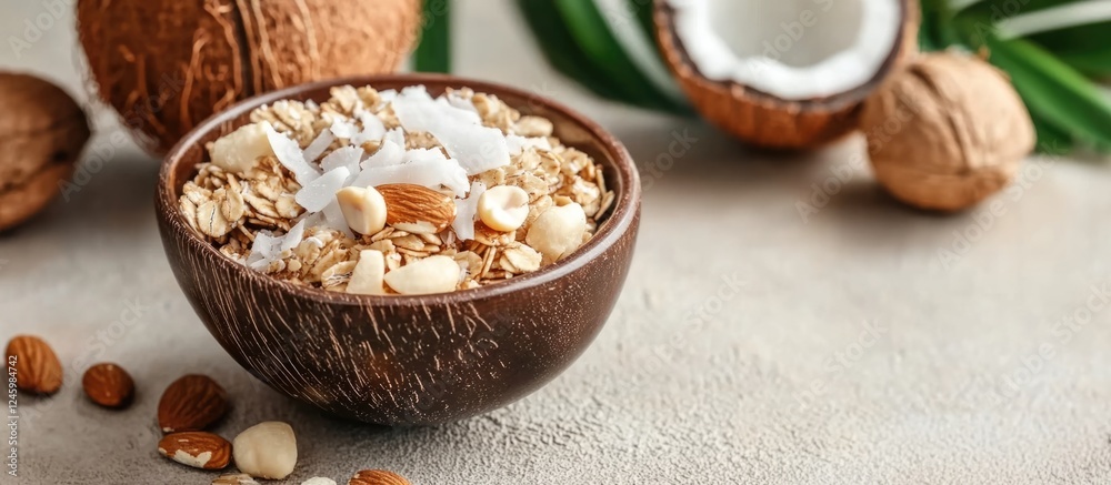 Granola with coconut flakes and assorted nuts in a wooden bowl Healthy breakfast concept with natural elements and space for text Granola with coconut flakes and assorted nuts in a wooden bowl Healthy breakfast concept with natural elements and space for text
