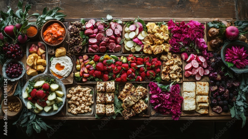 Fototapeta premium Brunch board overflowing with protein rich vegetarian bites, styled with a mix of rustic and modern elements