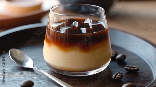 Glass of Japanese Kohi Jelly. Brewed coffee jelly and smooth, chilled coffee. Background of traditional Japanese cafe photo