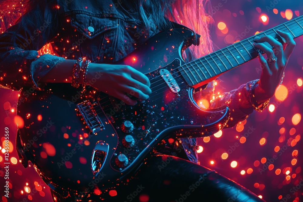 Obraz premium A musician passionately plays an electric guitar, surrounded by vibrant colors and glowing lights, creating a dynamic and energetic atmosphere.