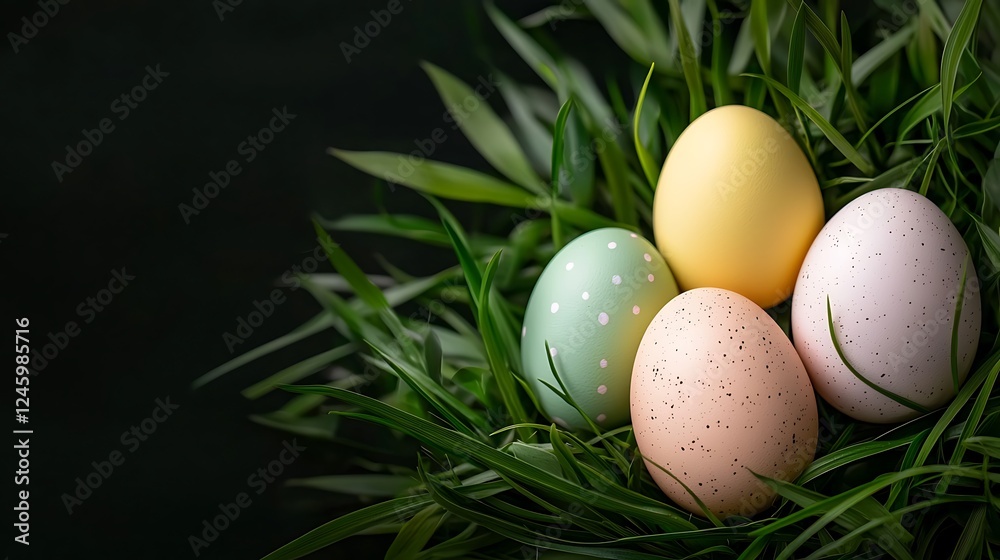 Easter day celebration with pastel tone easter eggs in lush green environment Easter day celebration with pastel tone easter eggs in lush green environment
