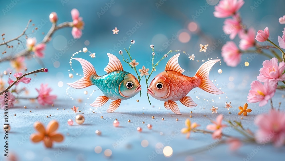 Two Goldfish Facing Each Other Amidst Blossoming Flowers and Decorative Ornaments Two Goldfish Facing Each Other Amidst Blossoming Flowers and Decorative Ornaments