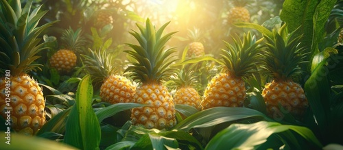 Lush Pineapple Field Bathed in Golden Sunlight Showcasing Agricultural Abundance and Tropical Fruit Production photo