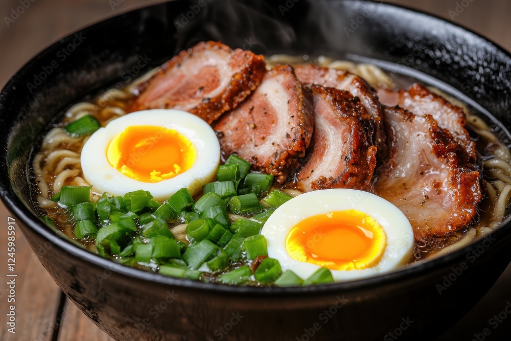 A delicious bowl of ramen with pork, egg, and green onions. A delicious bowl of ramen with pork, egg, and green onions.