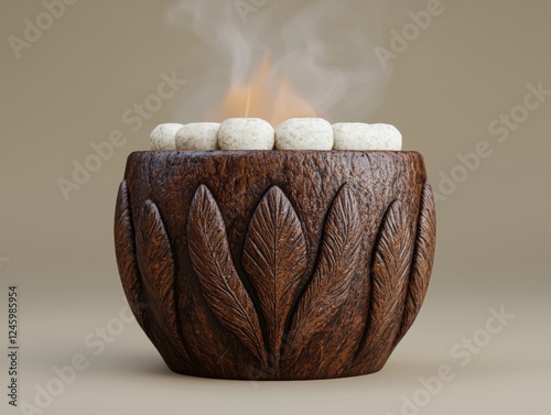 A decorative fire pit with flames and stones on top. photo